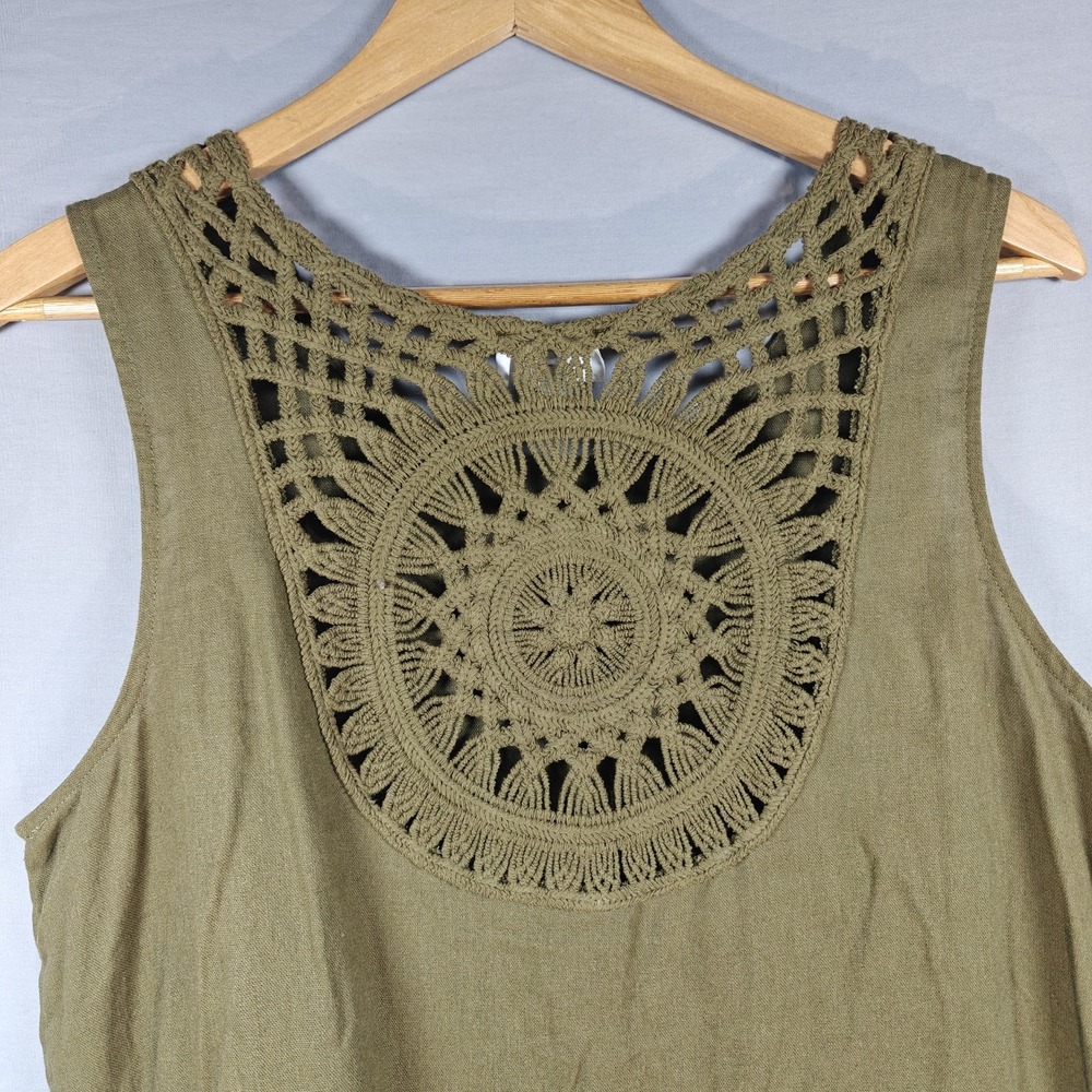 FORCYNTHIA Olive Green Crochet Back‎ Ruffle Hem Midi Dress Women's Size M - Picture 6 of 9